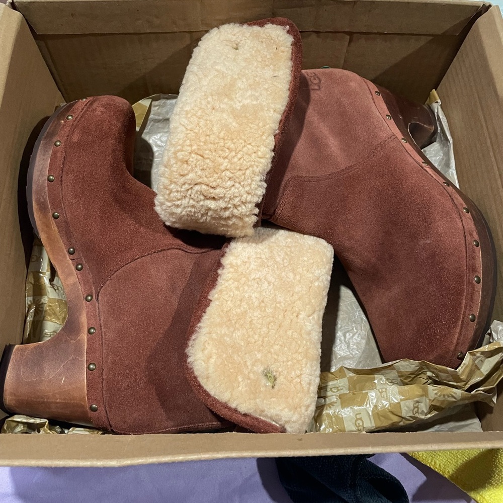 UGG Brown Suede Shearling Clogs